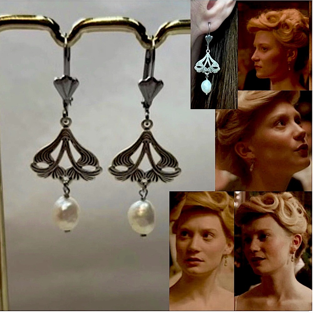 Crimson Peak Edith Gothic Silver Butterfly Pearl Earrings, Handmade Replicas